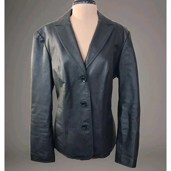 East 5th Womens Sz Large Black Genuine Leather Jacket 90s Classic Button Front - Picture 1 of 12